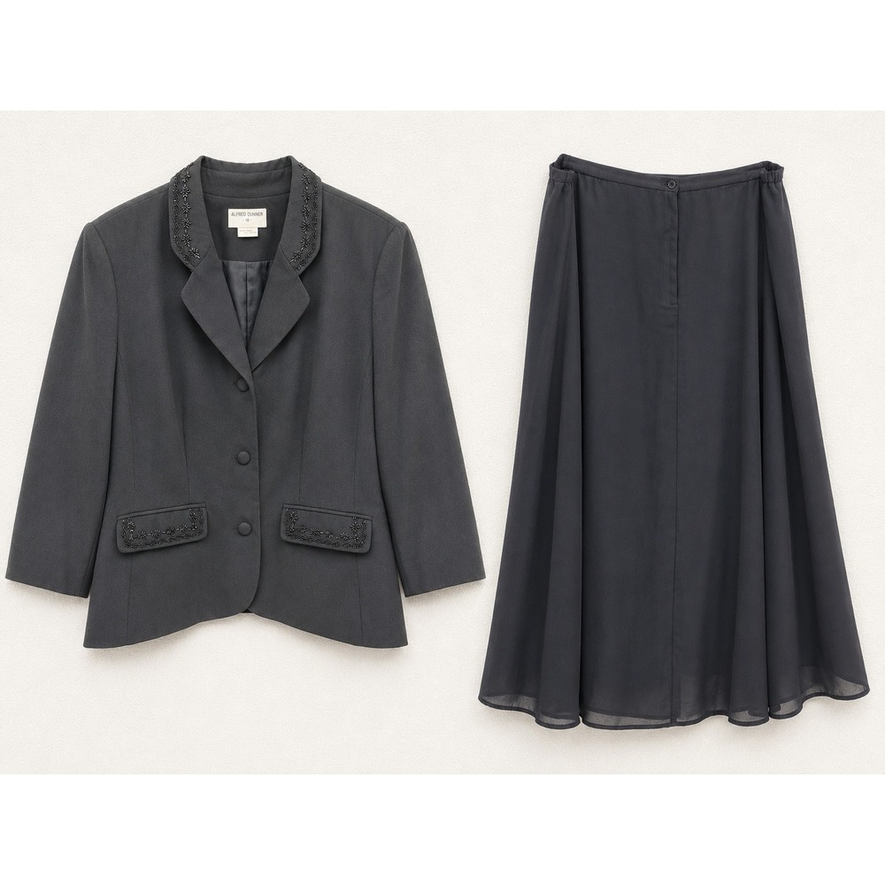 Alfred Dunner Beaded Blazer & Requirements Chiffon Skirt Set Black Plus Size 18